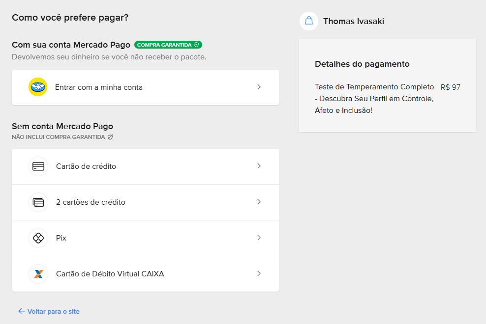 Tela inicial do Mercado Pago
